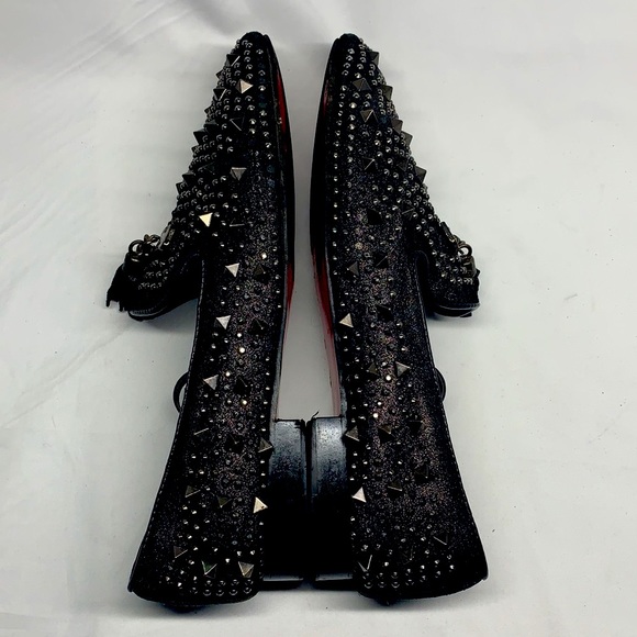 FIESSO Black Leather Loafers With Spike / Rhinestones Studs and Tassels - Picture 4 of 8